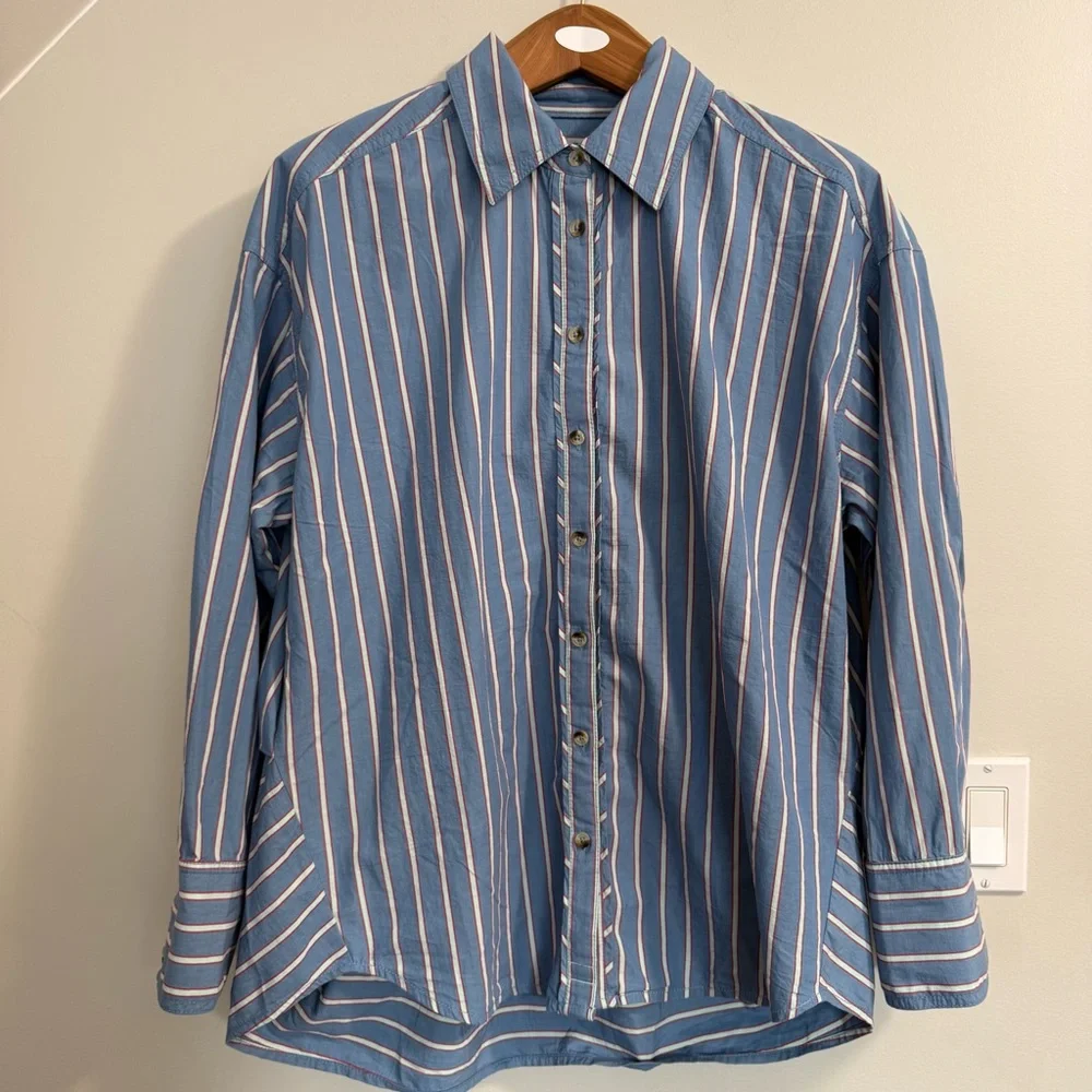 FREE PEOPLE We The Free Striped Varsity Vibes Shirt / Blue Combo - Picture 4 of 15